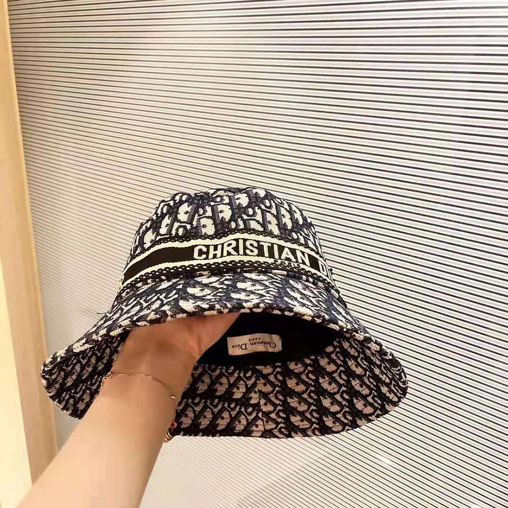 Dior Women D-Oblique Small Brim Bucket Hat Navy Blue Cotton