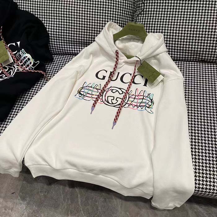 Gucci Men GG Logo Bunny Print Hooded Cotton Sweatshirt Off White Cotton Jersey