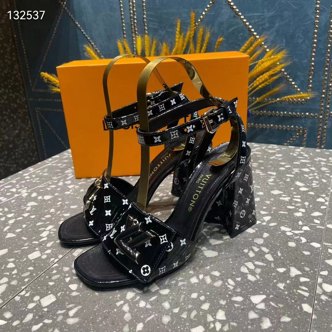 Louis Vuitton Women LV Shake Sandal Black White Printed Patent Calf Leather 9.5 CM Heel