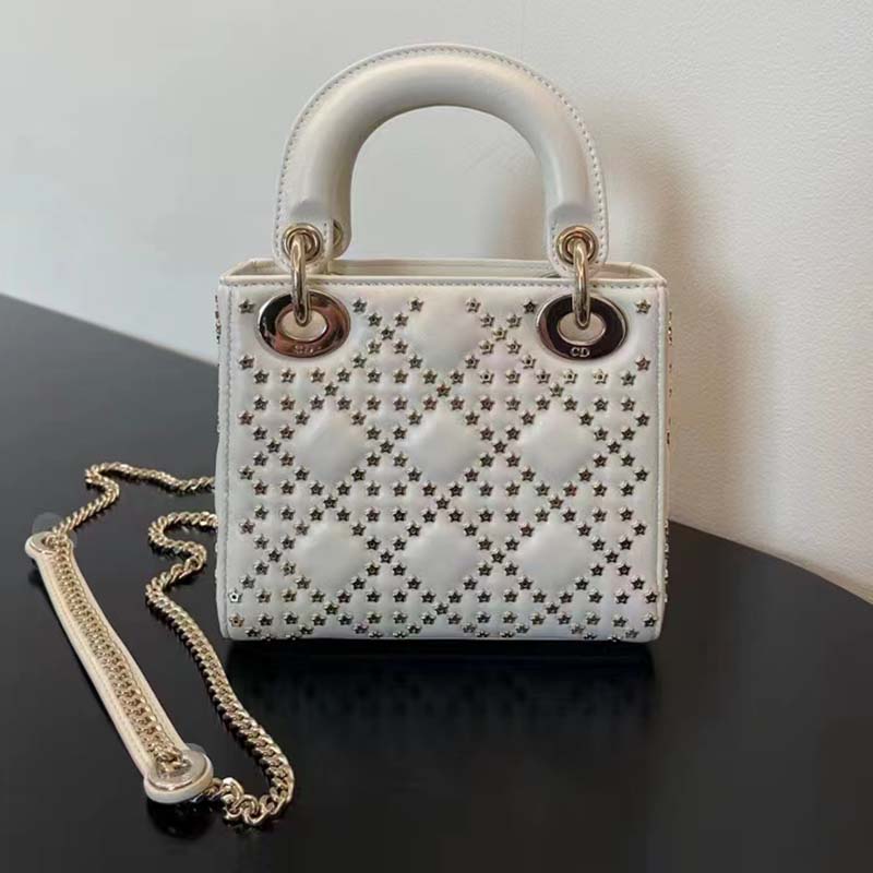 Dior Women CD Mini Lady Dior Bag Latte Lucky Star Cannage Lambskin
