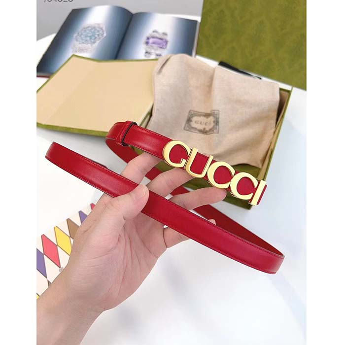 Gucci Unisex Buckle Thin Belt Red Leather Gold-Toned Hardware 1.5 CM Width