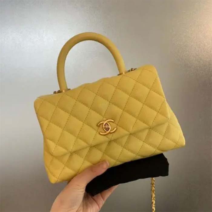 Chanel Women CC Quilted Handbag Yellow Calfskin Leather Gold-Tone Metal