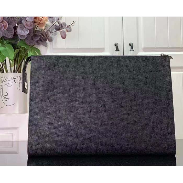 Louis Vuitton LV Unisex Pochette 24H Black Taiga Cowhide Leather Zip Closure