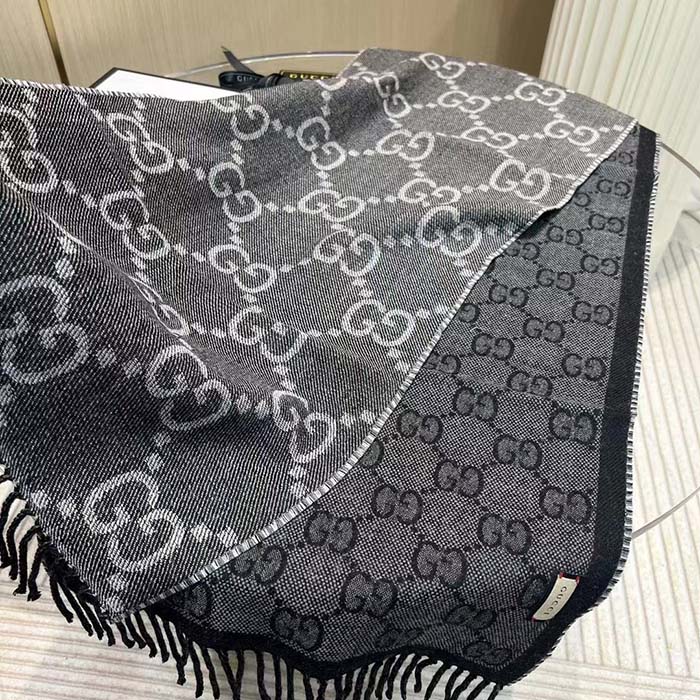 Gucci Unisex GG Jacquard Knit Scarf Tassels Grey Black Wool