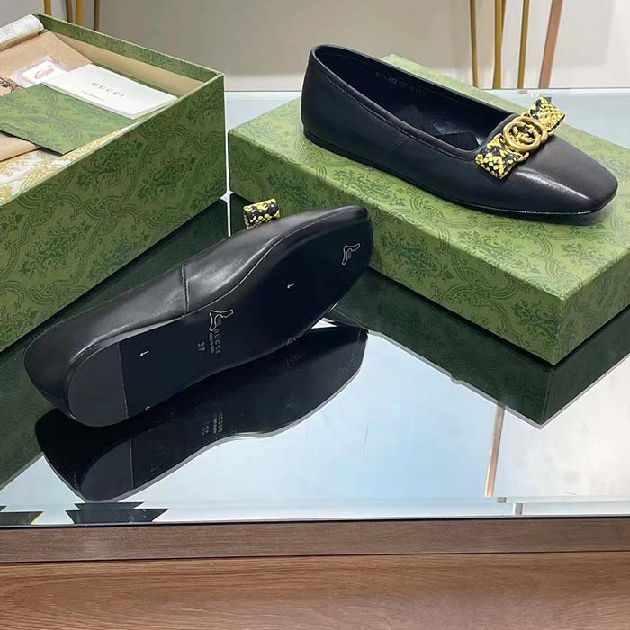 Gucci Women GG Interlocking G Ballet Flat Black Leather Python Print Leather Bow