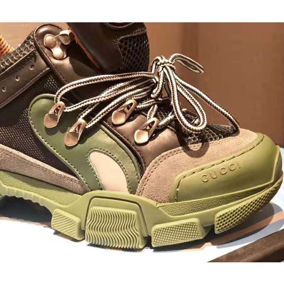 Gucci Unisex Flashtrek Sneaker in Green and Black Leather 5.6 cm Heel