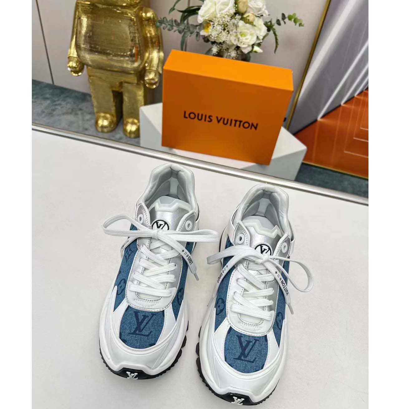Louis Vuitton LV Unisex Run 55 Sneaker Denim Blue Monogram Denim Lifted Rubber