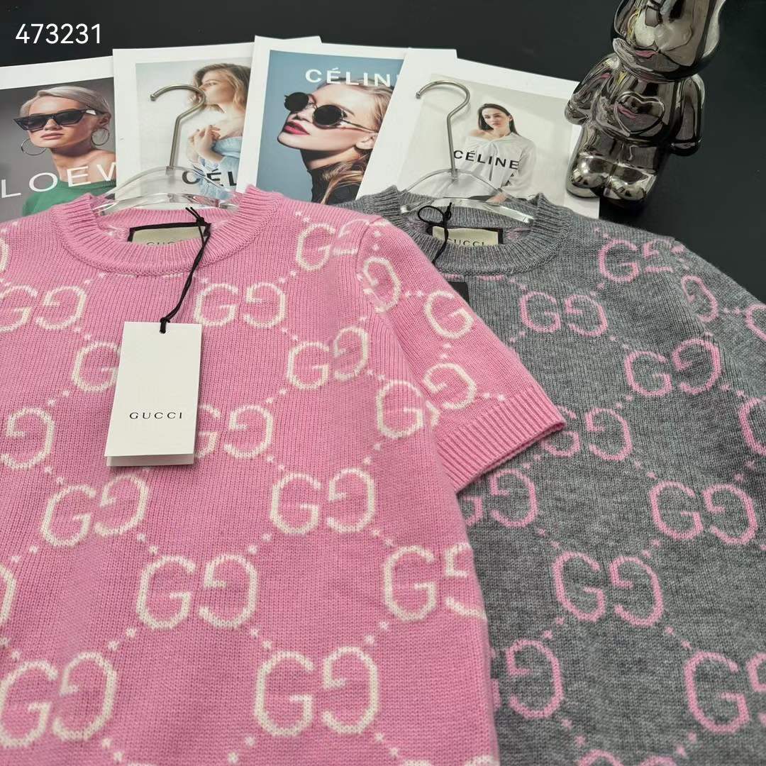 Gucci Women GG Knit Wool Top Pink Crewneck Short Sleeves