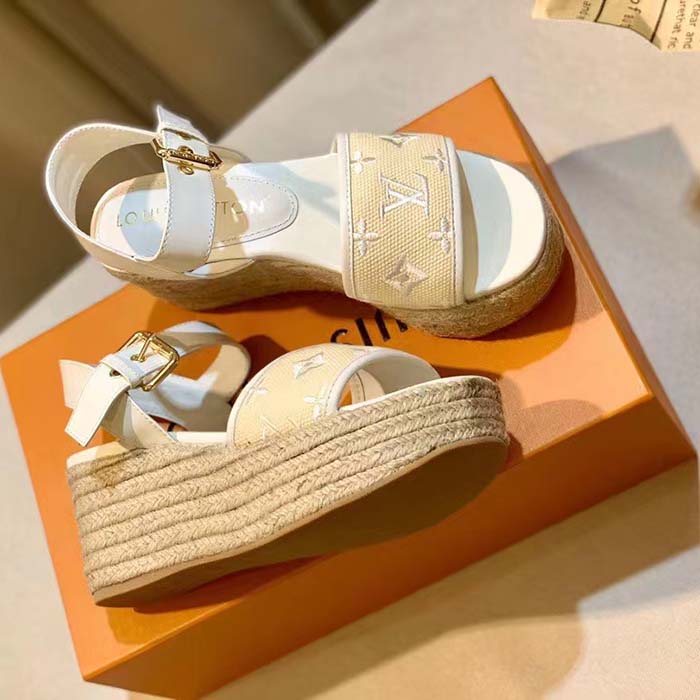 Louis Vuitton LV Women Starboard Wedge Sandal White Monogram-Embroidered Cotton Rope Sole
