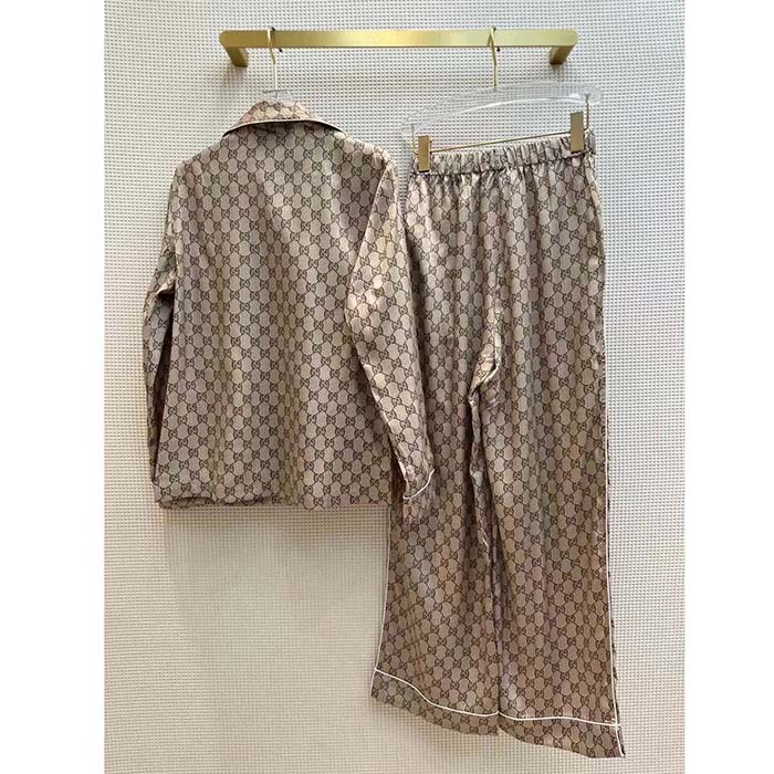 Gucci Men GG Supreme Print Beige Ebony Silk Piped Notch Collar Long Sleeves