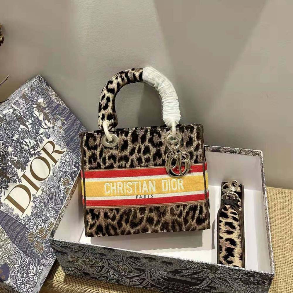 Dior Women Medium Lady D-lite Bag Beige Multicolor Mizza Embroidered Velvet