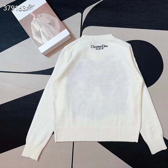 Dior Women CD Embroidered Sweater Ecru Cashmere Knit Pastel Midnight Blue Butterfly Around The World
