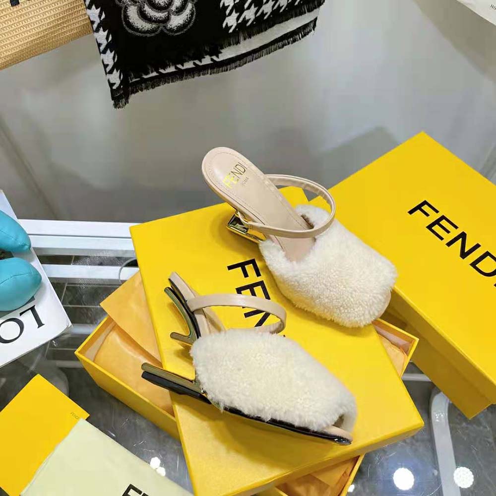 Fendi Women First White Sheepskin High-Heeled Sandals