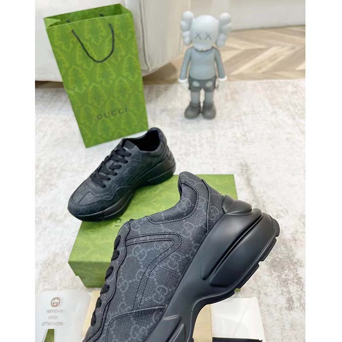 Gucci Unisex GG Rhyton Sneaker Black Supreme Canvas Rubber Lace-Up Mid Heel