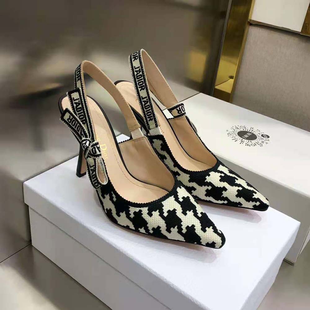 Dior Women J’Adior Slingback Pump Black and White Cotton Embroidery with Macro Houndstooth Motif