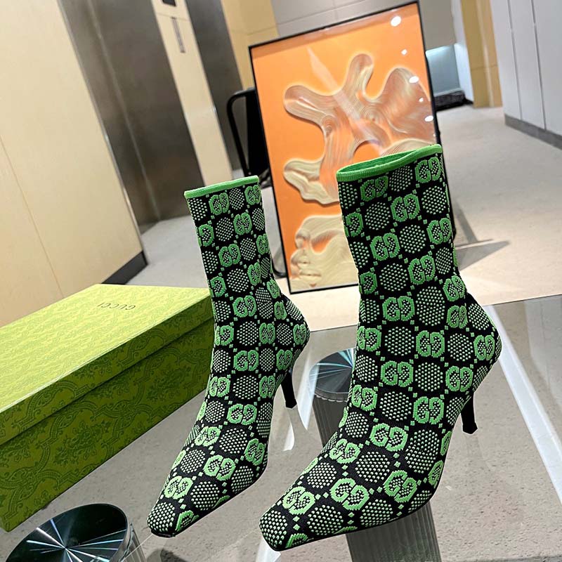 Gucci Women GG Knit Ankle Boots Black Green GG Technical Fabric Leather Mid-Heel