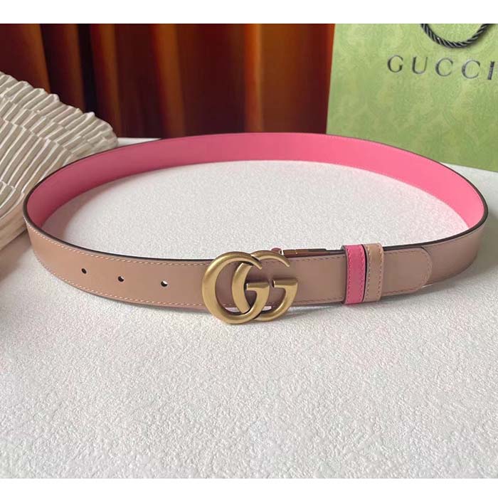 Gucci Women GG Marmont Reversible Belt Beige Pink Leather 3 CM Width Double G