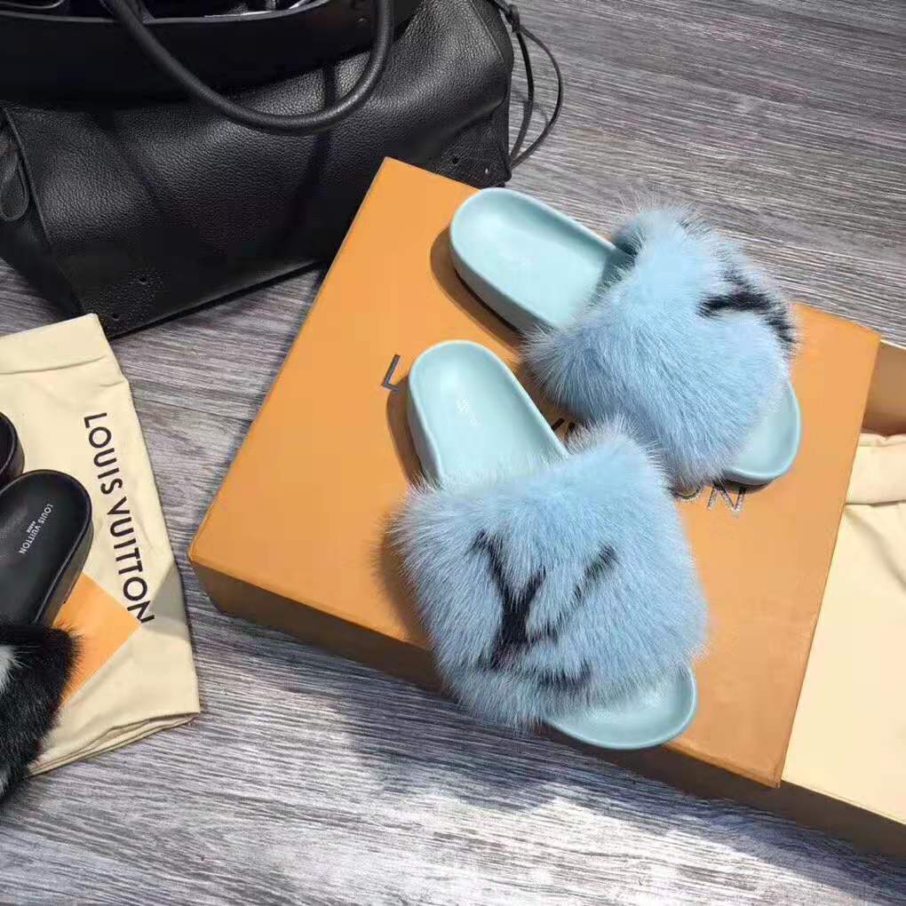 Louis Vuitton LV Women Furry Sandals in Mink Hair Leather-Blue