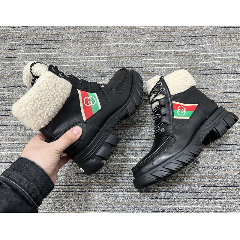 Gucci Women Ankle Boot Stripe Black Leather Merino Wool Mid 6 Cm Heel