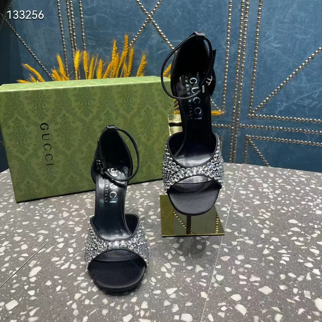 Gucci Women GG Mid-Heel Sandals Crystals Black Satin 11 CM Heel Double G