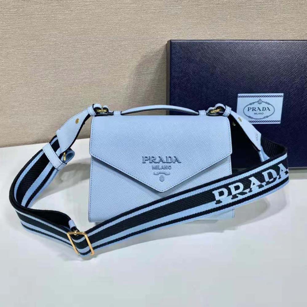 Prada Women Monochrome Saffiano and Leather Bag-Blue