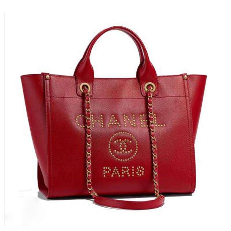 Chanel Women Chanel’s Large Tote Shopping Bag in Grained Calfskin Leather-Red