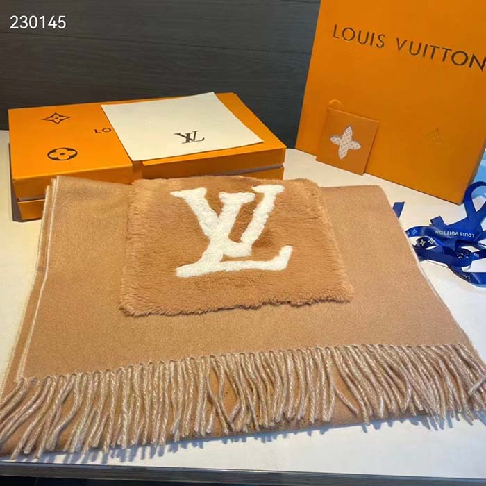 Louis Vuitton Unisex LV Cosy Mink Fur Collection Scarf Cashmere Beige Jacquard Initials Monogram Flowers