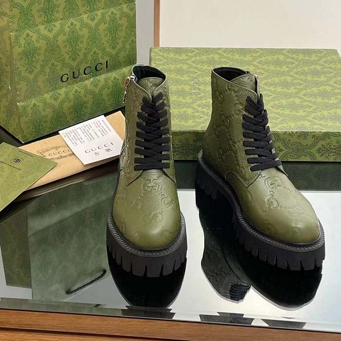 Gucci Unisex GG Leather Boot Dark Green Rubber Lug Sole Lace-Up Interlocking G Low-Heel
