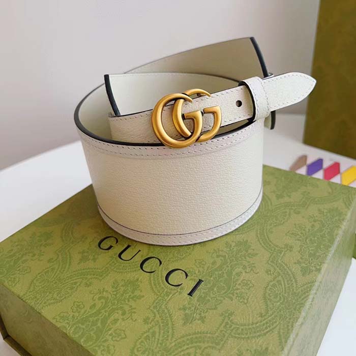 Gucci Unisex GG Marmont Wide Belt White Leather Double G 6.9 CM Width