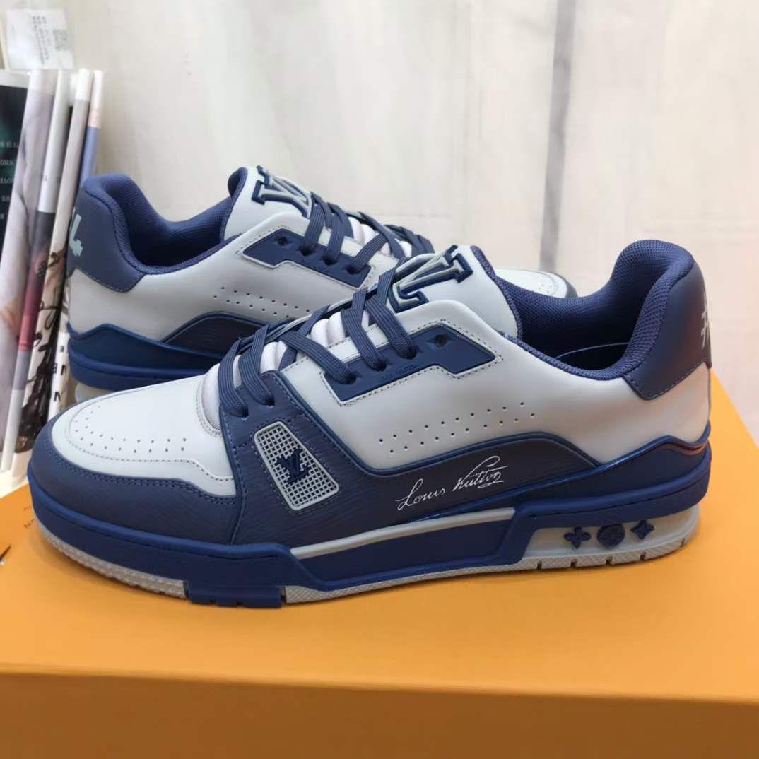 Louis Vuitton Unisex LV Trainer Sneaker Navy Blue Epi Calf Leather Rubber Outsole #54