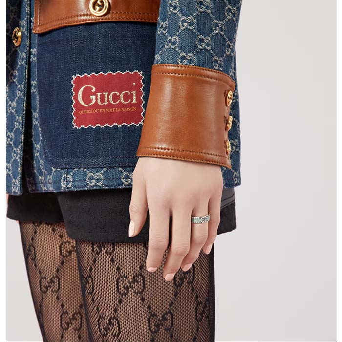 Gucci Unisex GG Ring Interlocking G 925 Sterling Silver Brown Turquoise Enamel Engraved Trim