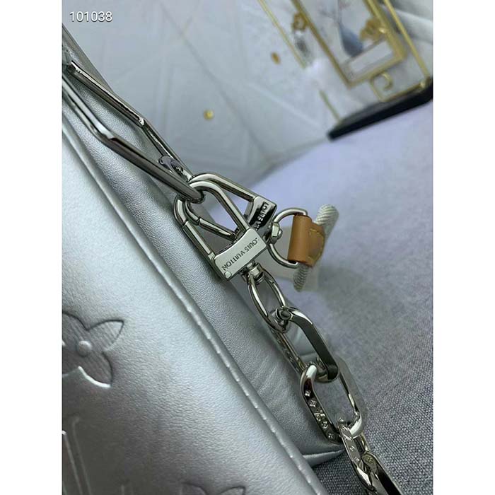 Louis Vuitton LV Women Coussin PM Handbag Silver Lambskin Cowhide Lining Zip Closure