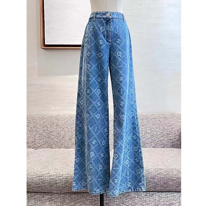 Chanel Women CC Jeans Printed Denim Light Blue White