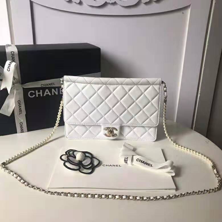 Chanel Women Flap Bag White Ringer Pearl in Goatskin Leather