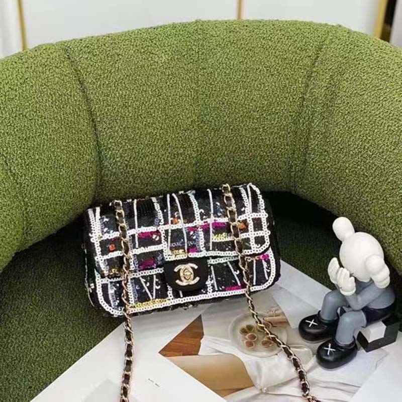 Chanel Women CC Classic Handbag Embroidered Satin Sequins Gold-Tone Metal