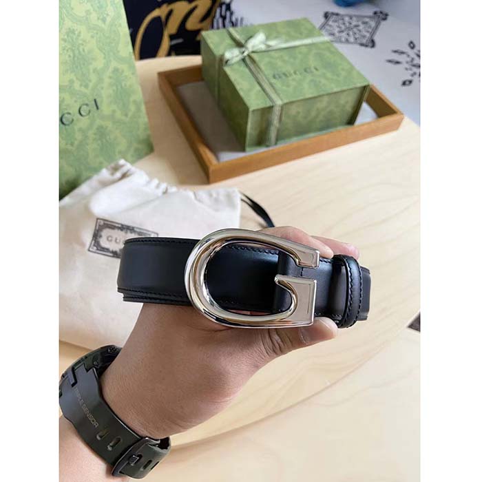 Gucci GG Unisex Thin Belt with G Buckle Black Leather 3 Cm Width