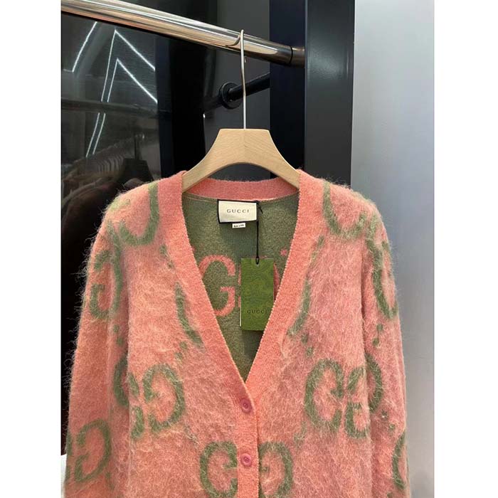 Gucci Women Reversible GG Mohair Cardigan Light Green Pink Brushed Jacquard Wool V-Neck