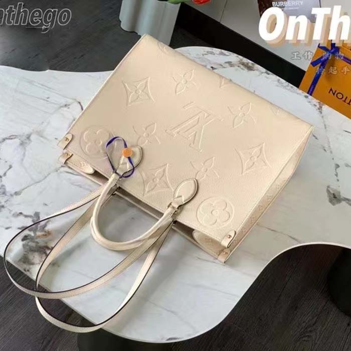 Louis Vuitton Women Onthego MM Tote Bag Crème Beige Embossed Grained Cowhide Leather
