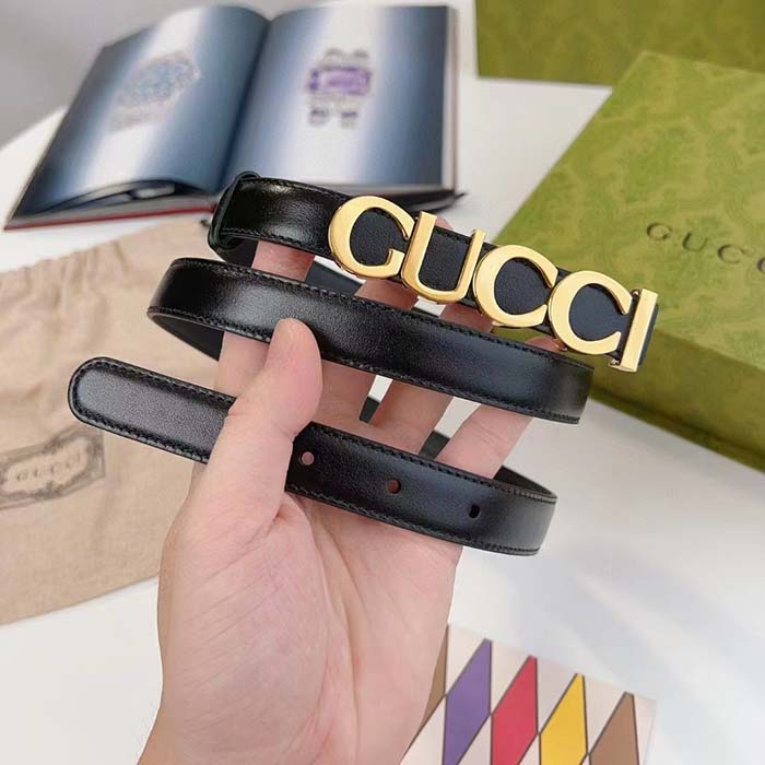 Gucci Unisex Buckle Thin Belt Black Leather Gold-Toned Hardware 1.5 CM Width