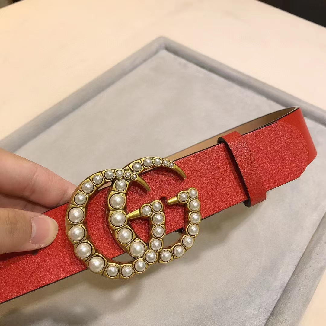 Gucci Unisex Leather Belt Pearl Double G Red 3.8 CM Width
