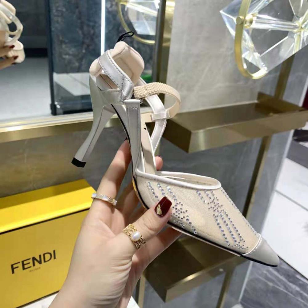 Fendi Women Colibri Pink Mesh High-Heeled Slingbacks with Rhinestone Embroidery