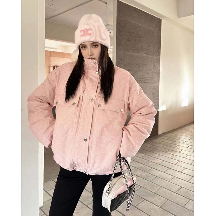 Gucci Women GG Cotton Canvas Puffer Jacket Light Pink GG Lined Interlocking G Two Front Pockets