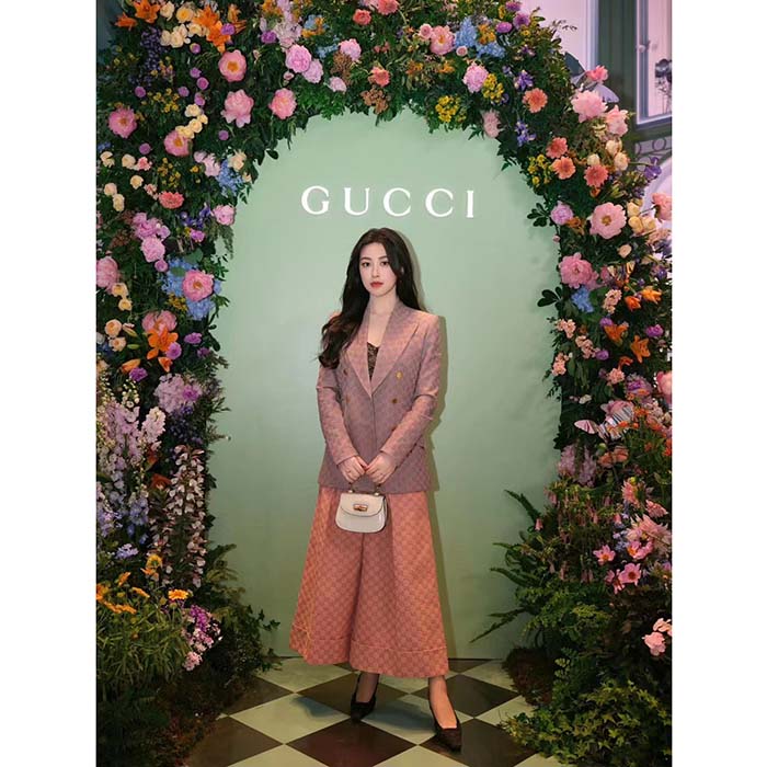 Gucci Women GG Cotton Canvas Pant Light Pink Brown Unlined Fitted Waistband Two Back Pockets