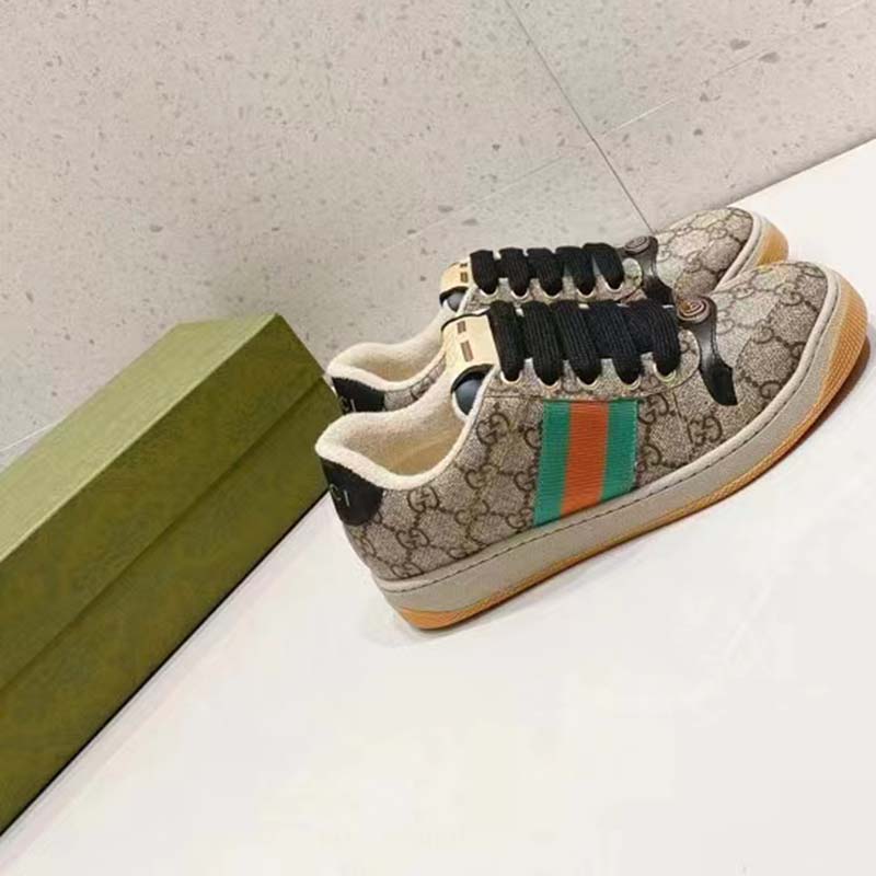 Gucci Unisex GG Screener Sneaker Beige Ebony GG Supreme Canvas Green Red Web