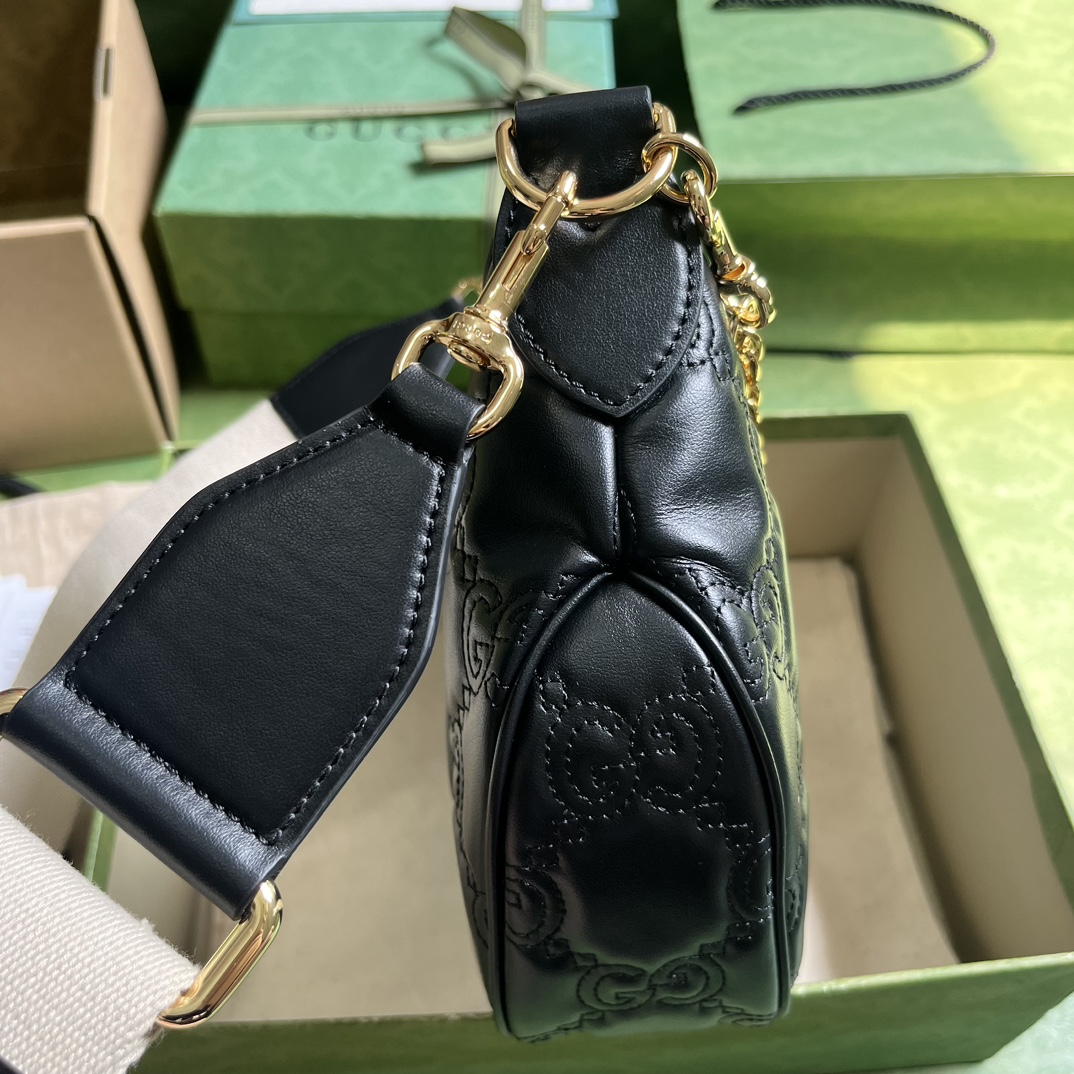 Gucci Women GG Matelassé Small Shoulder Bag Black Double G Zip Closure