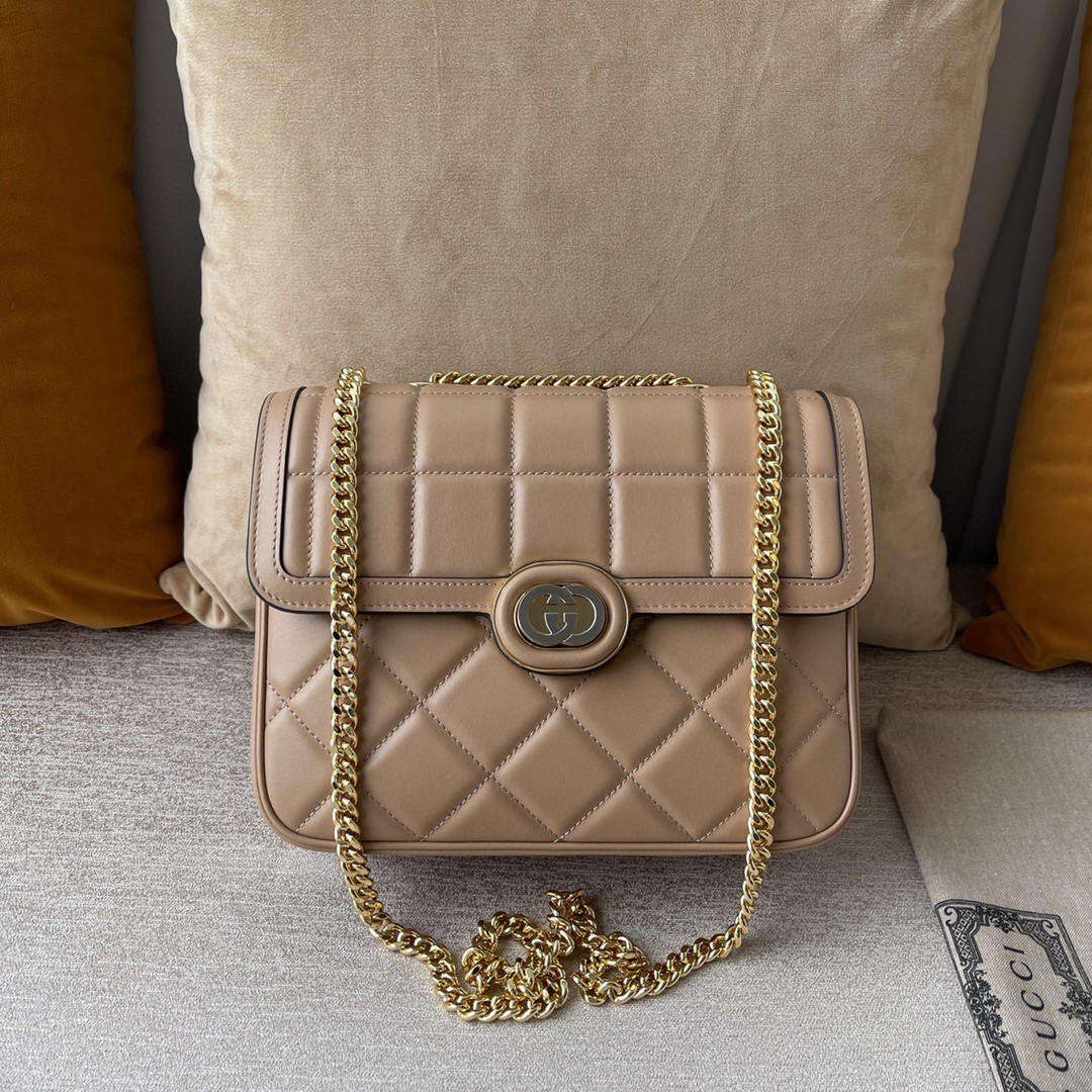 Gucci Women GG Deco Small Shoulder Bag Rose Beige Quilted Leather