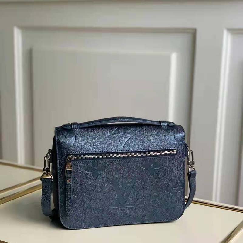 Louis Vuitton LV Women Pochette Metis Bag Navy Nacre Embossed Grained Cowhide Leather