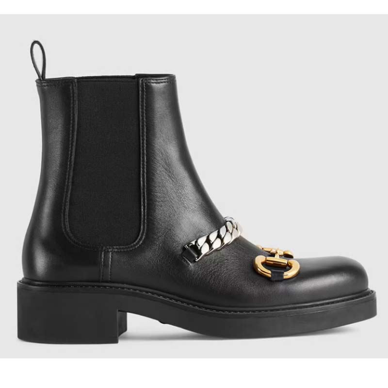 Gucci Women’s Chelsea Boot Chain Black Leather Horsebit 3 cm Heel