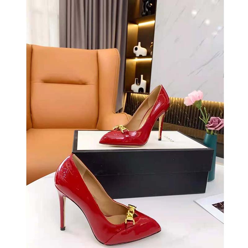 Gucci GG Women’s Leather Pump with Chain Red Leather 9 cm Heel