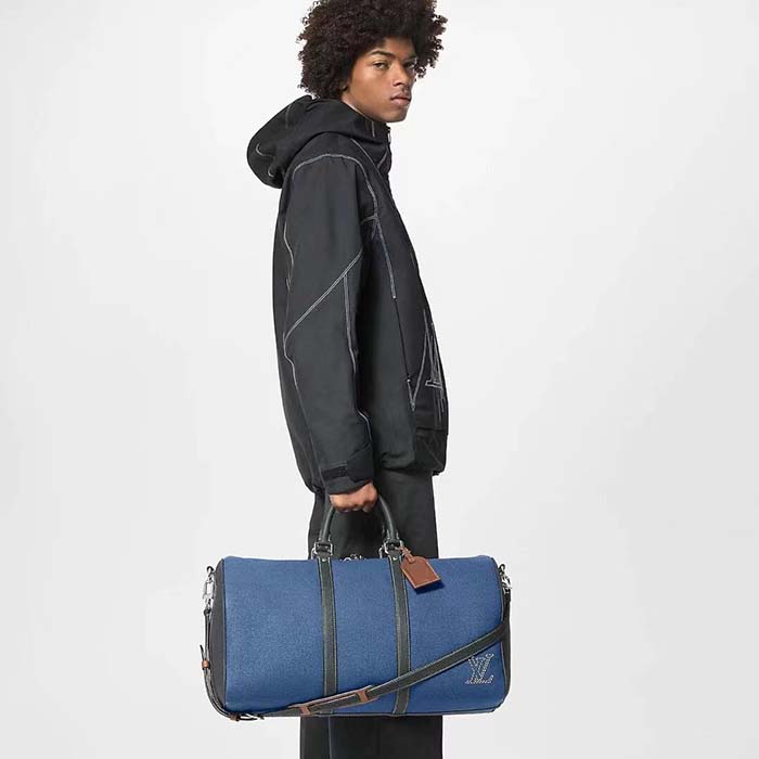 Louis Vuitton LV Unisex Keepall Bandoulière 50 Travel Bag Denim Blue Cowhide Leather